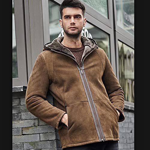Denny&Dora Mens Brown Shearling Jacket Imported Merino Sheepskin Jacket Hooded Suede Mid-Length Sheepskin Coat (As1, Alpha, Xx_L, Regular, Regular, Brown, Xxl) #TOP3