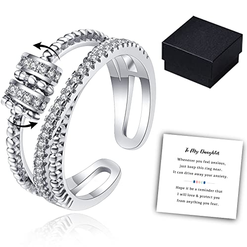 To My Daughter - Fidget Ring, S925 Sterling Anxiety Ring for Women, Ring with Beads Spinner Ring, Adjustable Open Ring, Fidget Jewelry for Women Girls (Silver)
