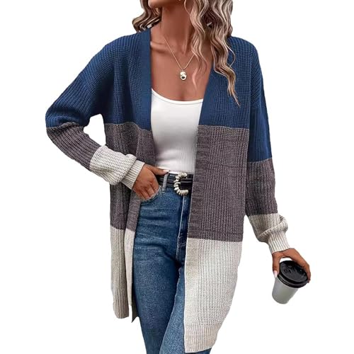 Image of Blostirno Womens Striped Long Open Cardigan Sweaters Long Sleeve Contrast Color Knitted Coat Outerwear