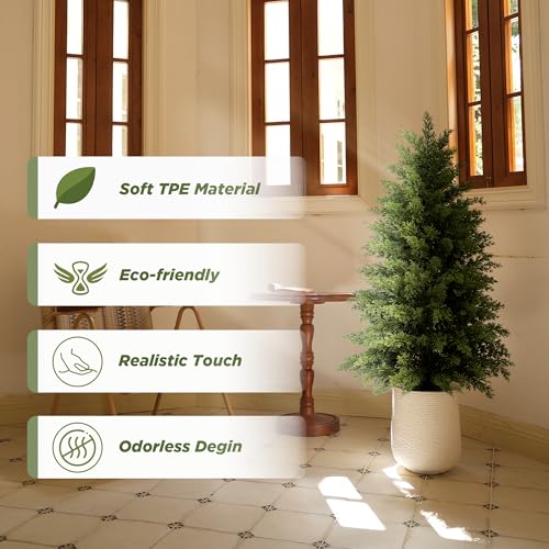 Image of 2 Pack 3ft Artificial Cedar Trees for Outdoors (UV Resistant), Potted Faux Cedar Topiary Plants for Front Porch, Realistic Evergreen Shrub for Entryway & Patio Decor
