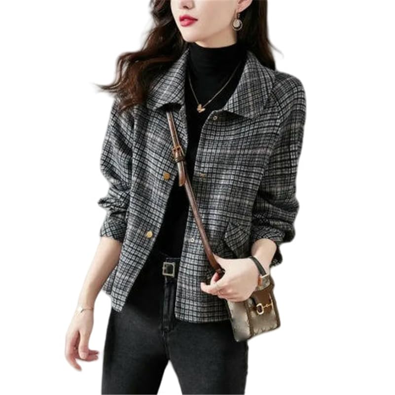 Veste courte en tweed à carreaux pour femme blouson demi-saison mode coréenne