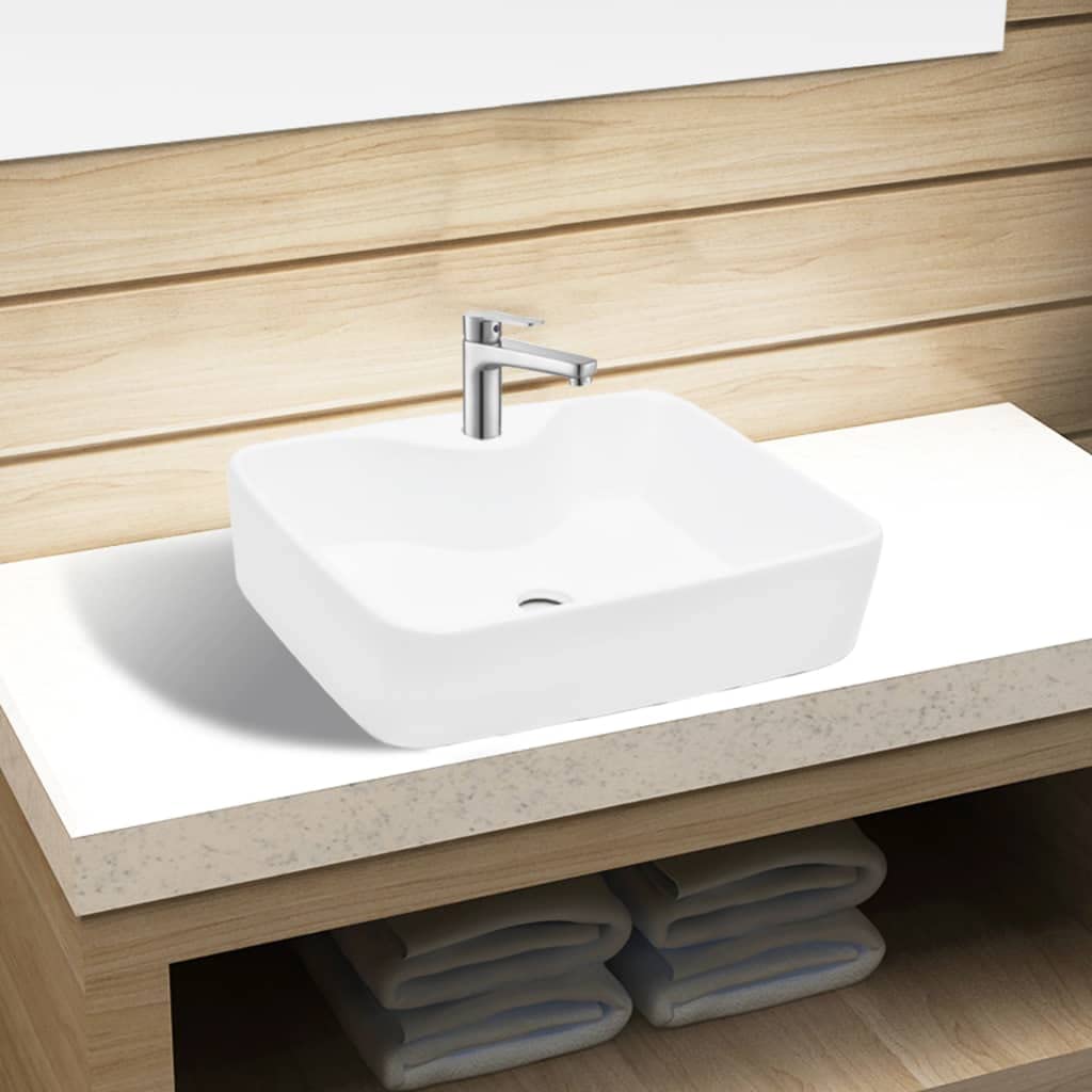 Ceramiczna umywalka z otworem na kran, biała, kwadratowa | Powierzchnia o wysokim połysku, łatwa do czyszczenia, otwór odpływowy 4,5 cm, nowoczesne wzornictwo