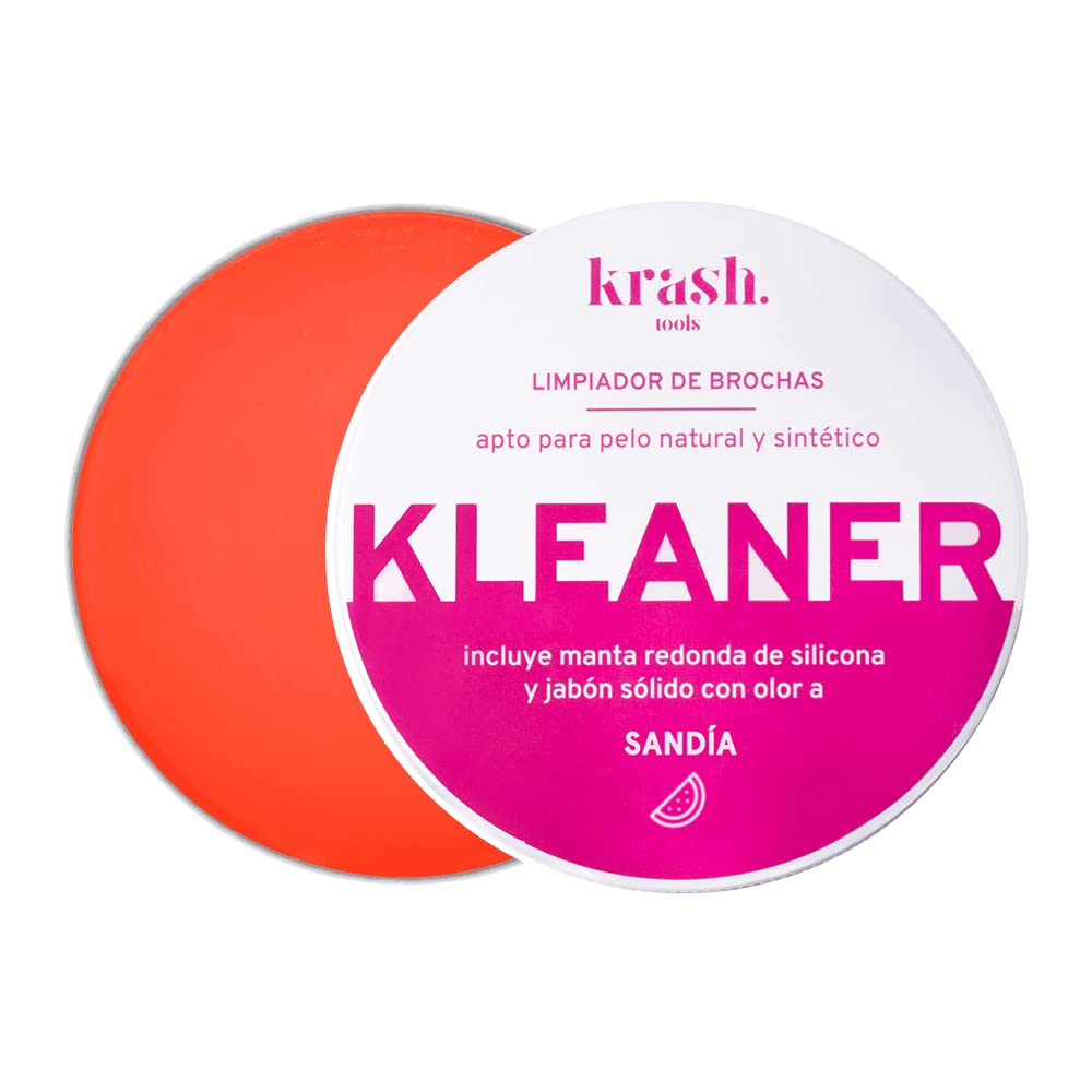 KRASH KOSMETICS - Limpiador de brochas de maquillaje - Jabón Sólido Limpia Pinceles Pelo Natural y Sintético - Manta de Silicona en la tapa - Olor a Sandía - Ideal para Viaje - Vegano
