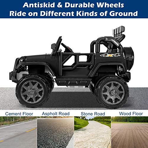 JOYMOR 12V Ride on Truck 2 Seat Kids Electric Battery Powered Car w/ 2.4G Remote Control, Motorized Toddler Vehicles Truck Toy, Adjustable Speeds, MP3 Player, LED, Horn (Black)