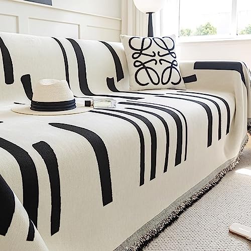 Homxi Housse Canape Angle 3 Places avec Accoudoirs,180x380CM,Housse Canapé Angle Ligne Rayée Housse Canape Chenille Serviette de Canapé Noir Blanc Housse...
