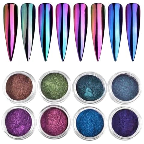 8Pcs Chameleon Chrome Nail Powder,Chrome Powder for Gel Nails Nail Chrome Powder Mirror Effect Holographic Aurora Iridescent Pearlescent Manicure(8 colors) Cover