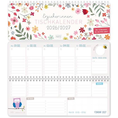 Häfft Tischkalender Erzieher & Erzieherinnen 2026/2027 Wild Flower Kita-Planer 13 Monate (Aug 26Aug 27) Wochenkalender für Kindergarten & Kita Querformat Ringbindung