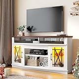 YITAHOME TV Stands for 65/55 Inch Television, 32'' Tall Farmhouse Entertainment Center with Adjustable Shelf and Glass Doors, LED TV Media Console for Living Room, Curved Desktop, White & Brown