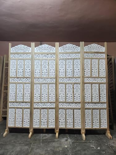 Image of Home & Goods International Wooden Room Divider Partition - Foldable Wood Screen Separator for Living Room, Bedroom, Office, Restaurant - Kangra Badrun, Natural & White (4 Panel with Stand)