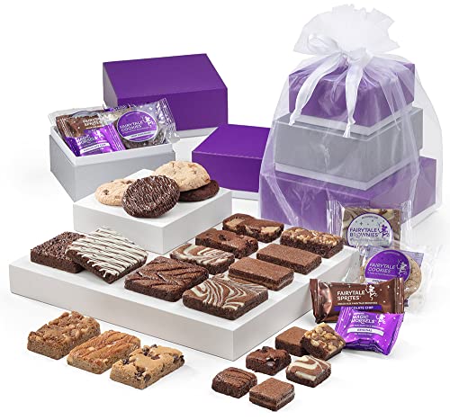 Fairytale Brownies 3-Box Tower Individually Wrapped Gourmet Chocolate Food Gift Basket - Assorted Size Brownies Plus Blondie Bars and Cookies - 29 Pieces - Item RF303