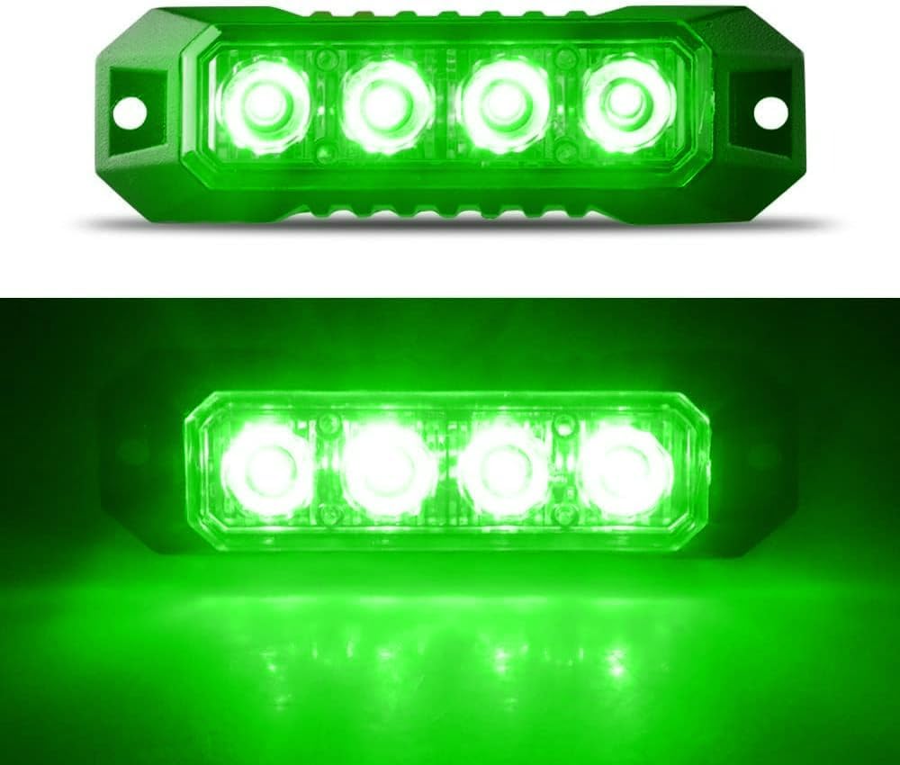 4-LED Sync Feature Ultra Slim Surface Mount Flashing Green Strobe Lights for Truck Car Vehicle LED Mini Grille Light Head Emergency Beacon Hazard Warning Lights, Waterproof