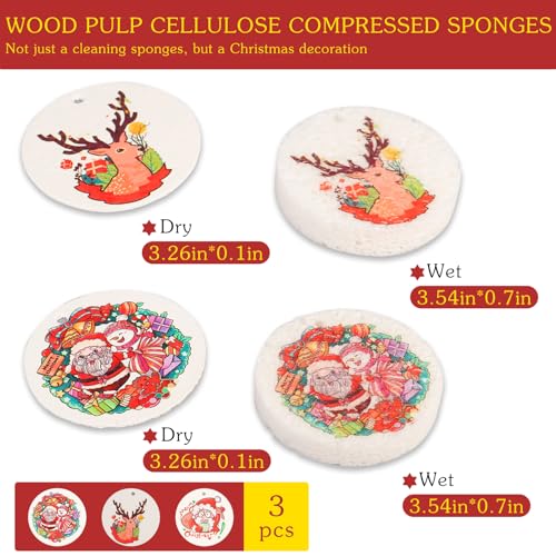 Image of 3 Pcs Biodegradable Wood Pulp Cellulose Compressed Cleaning Sponge Premium Kitchen Dishwashing Sponge Hanging Decorations for Christmas Tree Decorations, Kitchen, Bathroom and Surface Cleaning