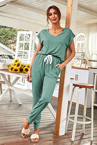 Prettygarden Women's Two Piece Tracksuit V Neck Short Sleeve Tops Long Pants With Drawstring Outfits Jogger Sets(Grey Green,Large) #TOP3