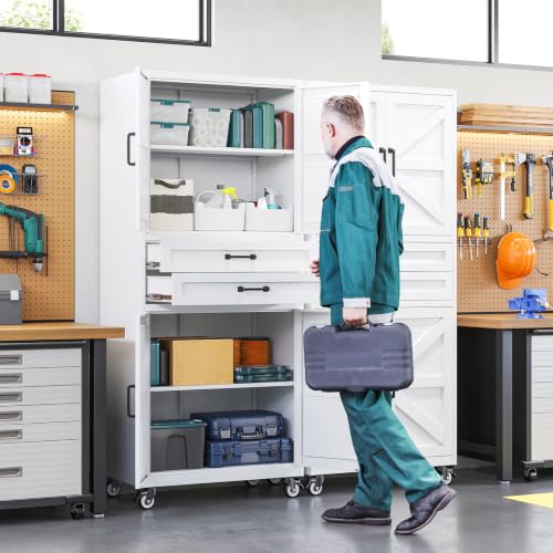 Image of Letaya Metal Garage Storage Cabinets with Wheels,White Rolling Tool Cabinet