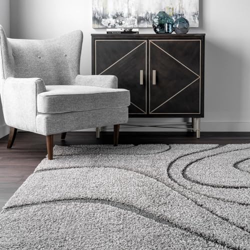 Image of Transitional Flames Round Shaggy Carpet for Living Room, Bedroom, High Low Design Finish Microfiber 1.8 Inch Pile High, 4x4 Feet Grey|Grey Color