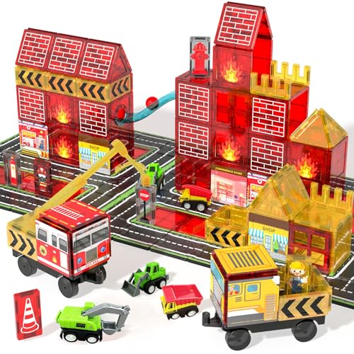 Magnetic Tiles for Kid, 56PCS Construction Magnet Tiles with Fire Truck & Station, Building, Road, Crane, and Car Toys - Educational Travel Magnetic Tiles for Kids Ages 4-8, STEM Toys for 3+ Year Old