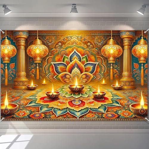 BlissYard Diwali Rangoli Backdrop 71x43 in Diya Lamps Decor