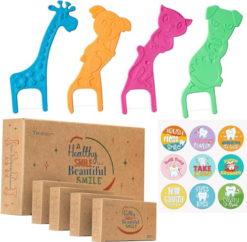 Biodegradable Kids Flossers -200 Pack, Natural Kids Floss Picks, Fluoride Free, Biodegradable Floss Pick, Organic Animal Kids Dental Floss Picks, Dental Floss Sticks for Kids - (Mild Orange)