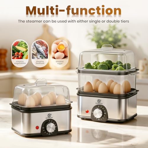 Egg Boiler Stainless Steel, Electric Egg Steamer Egg Cooker, Timer Setting for Hardness Adjustment, 60-Min Timer, Automatic Shut-Off Overheating (2-Tier Egg Boiler) - Image 4