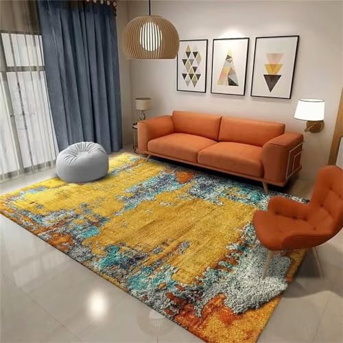 Tapis salon design moderne bleu-jaune rectangulaire 60x90cm