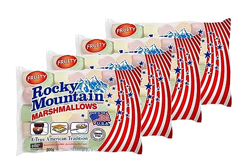 Rocky Mountain Marshmallows Fruity paquete de 4x300g, dulces tradicionales americanos para asar en la hoguera, a la parrilla o al horno, 4x300g