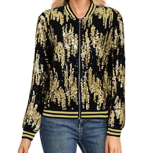 Genérico Cazadora Mujer Primavera Chaqueta corta de béisbol femenina con diseño de cuentas para casuales y festivos (Gold, S)