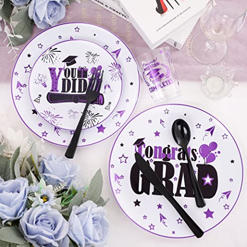 Liacere 150PCS Graduation Plastic Plates - Black and Purple Plastic Plates, Graduation Party Plates include 50Plates 25Knives 25Forks 25Spoons 25Cups for Graduation Party