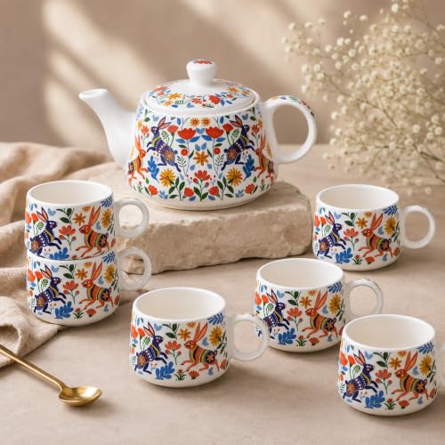 Image of The Earth Store Premium Handcrafted Bunny Floret Ceramic Tea Set with Kettle Microwave and Dishwasher Safe 6 Tea Cups & 1 Kettle | Tea Pot Set | Morning Set