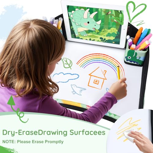 Image of Kids Travel Tray, Kids Travel Trays for Car Seat, Road Trip Essentials for Toddler, Carseat Lap Tray with Dry Erase Board & Storage Organizer for Road Trip Activities for Kid, Green