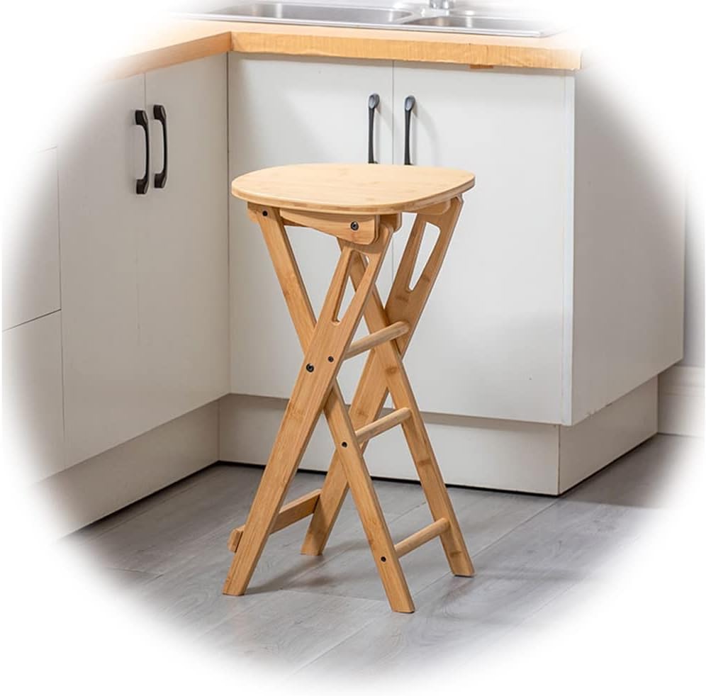 Foldable Kitchen Stool Bamboo Folding No Back Round Wooden Height Stool with Footrest Seat Height: 61cm/24″