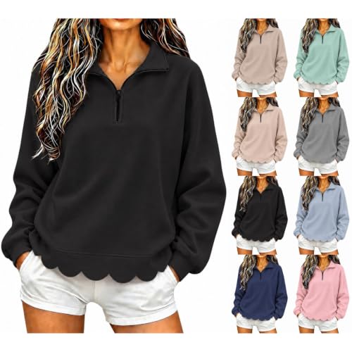 Scalloped Sweatshirt Women Fall Oversized Ruffle Half Zip Pullover Tops - image 1