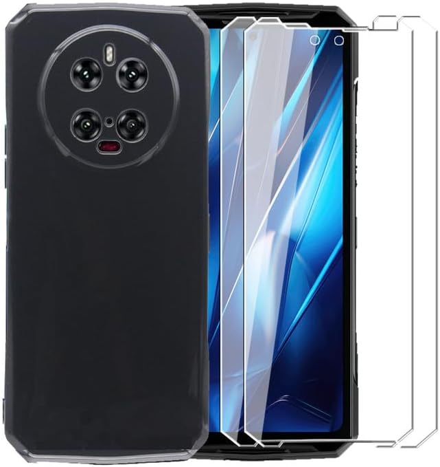 Case for Doogee DK10 5G + [2 Pack] Glass Screen Protector Tempered Film - Transparent Silicone Soft Flexible Bumper Shockproof TPU Protective Cover Shell for Doogee DK10 5G (Black)