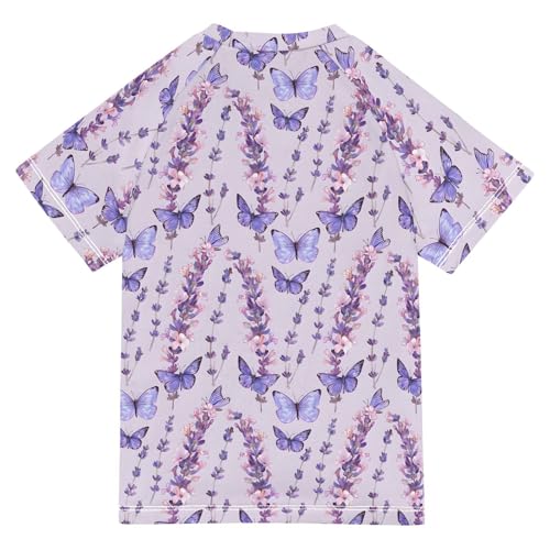 ALAZA Kids Rash Guard Girls Toddler Swim Shirts Short Sleeve Purple Butterfly Lavender Flower UPF 50+ 3T2