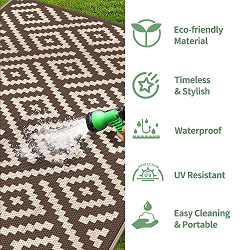 Image of GENIMO Outdoor Rug, Waterproof Plastic Rugs for Patio, 5'x8' Coffee Beige | Outside Larger Modern Carpet Mat for Porch Decor, Deck, Balcony, Camping, RV, Backyard, Picnic, Beach, Reversible, Foldable
