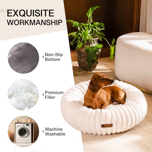 MEWOOFUN Hundebett Mittelgroße Hunde Waschbares, Donut Hundebett mit Rutschfester Unterseite, Hundebetten Großes Katzenbett Flauschig Beruhigendes Anti-Angst, weiß 64x64cm