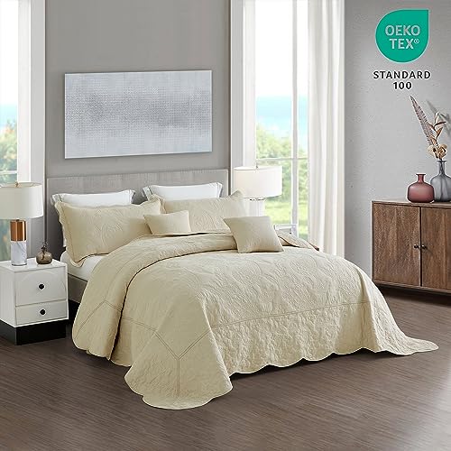 Image of Oversized Alaskan King Bedspread 138x122 Extra Wide, Stitched Paisley Cotton Quilt Set, Lightweight Reversible Coverlet, Scalloped Edge - Warm Natural Look, 5 Piece, Khaki