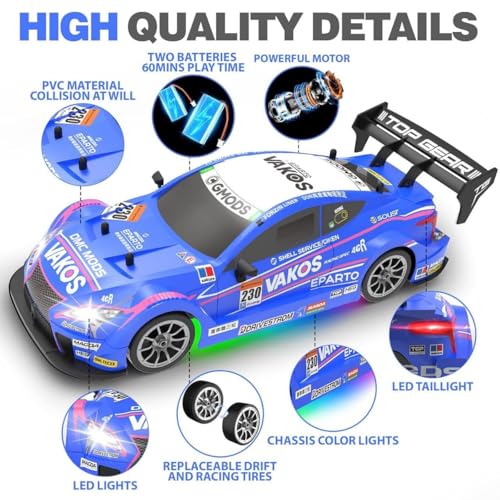Image of Rc Drift Remote Control Car 1:24 Scale, High-Speed, 4Wd, Lights, Rechargeable Racing Car, Drifting Tires, 2.4Ghz, for Kids (RC Drift Car - Blue)