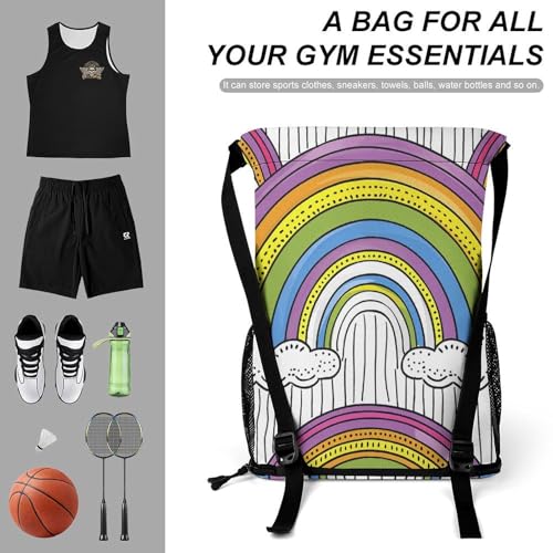 Drawstring Gym Backpack with Shoe Compartment And Wet Pocket, 28L Lightweight Waterproof Rainbow And Clouds Sports Backpack for Workout Swim Beach Travel String Bag for Men Women3