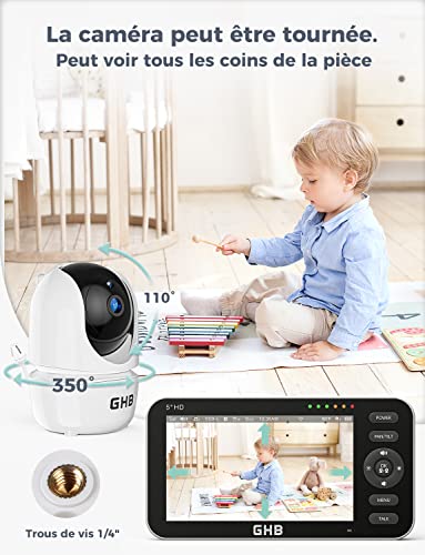 GHB Babyphone Camera 5" 720P Rotation 350° 4000 mAh Vision Nocturne - 6