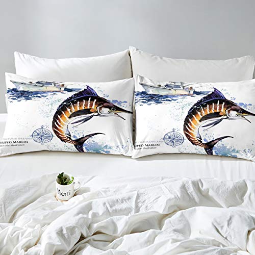 Marlin Swordfish Comforter Cover Tie Dye Duvet Cover Sets Hunting And Fishing Bedding Set For Kids Boys Girls Sea Fishing Boat Marine Life Nautical Quilt Cover With 2 Pillow Cases Queen Size Blue #TOP2
