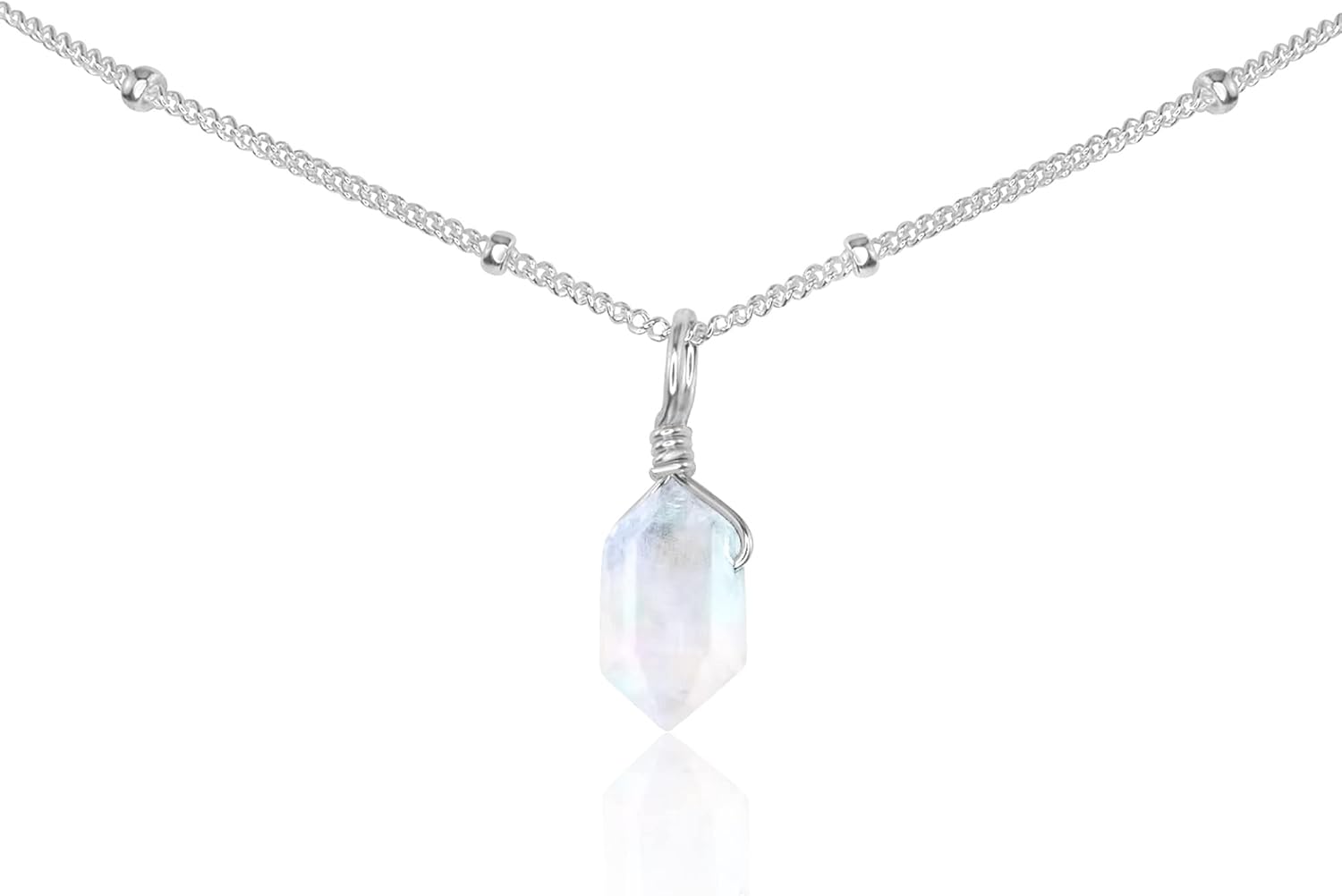 Luna Tide Rainbow Moonstone Double Terminated Crystal Pendant Choker in Sterling Silver Satellite