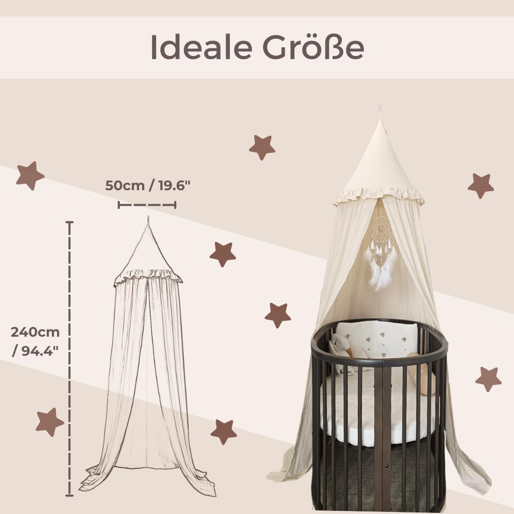 Wonder Space Kinderbetthimmel mit Rüschen, Pastell Neutrale Farbe für Jungen & Mädchen, Hängender Vorhang Moskitonetz für Kinderzimmer Babybett Kleinkinderbett Leseecke Dekoration (Cremefarben)