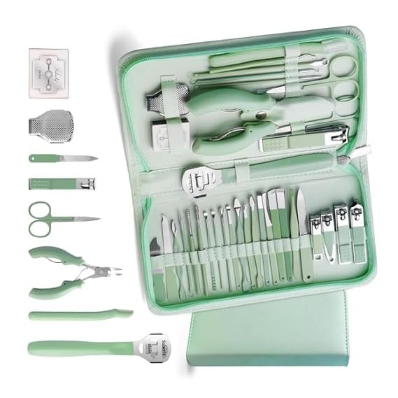35 Pcs Hand Foot Care Grooming Kit Tweezers Ear Pick Set | Stainless steel nail cutter and grooming set in brown leather case for foot care routine. By RMR Jaihind EP-image-15