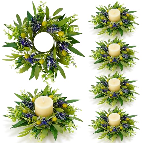 Image of 6 PCS Eucalyptus Olive Candle Rings Wreaths Spring Summer Greenery Kitchen Cabinet Wreaths Mini Green Boxwood Leaves Candle Wreath for Pillars Farmhouse Wedding Celebrations Tabletop Decoration