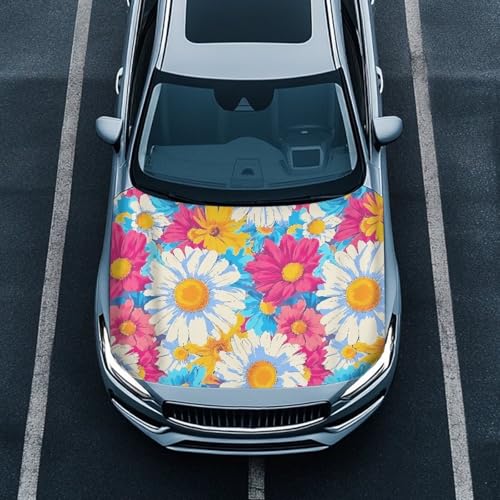 Uskorhein Daisy Flower Hood Cover Elastic Fabric, Color Gerbera Daisy Oil Painting Car Cover Suitable for Most Vehicles Sedans Trucks SUVs, Car Decorate Accessories