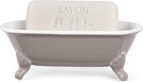 Miniatura 14 de Jabonera decorativa de cerámica en miniatura con forma de bañera con patas de garra de 6.5 pulgadas, soporte para esponja de cocina y bandeja de