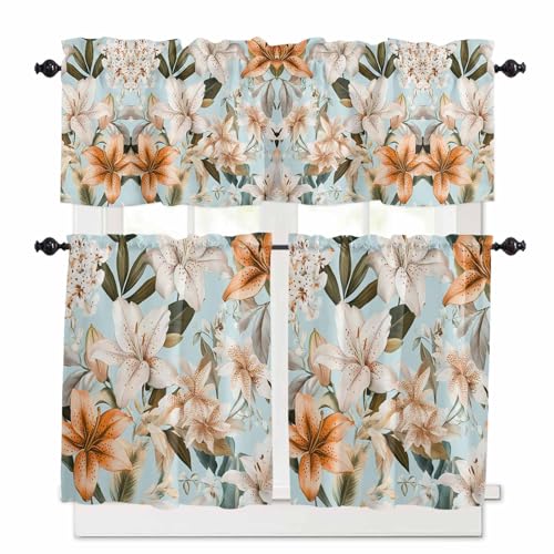 Lily Flower Kitchen Curtains 24 Inch Length,3 Piece Rod Pocket Small Half Tiers and Valance Set,Nature Orange White Plant Watercolor Blue Small Large Window Treatment Decor for Bedroom/Bathroom Sink