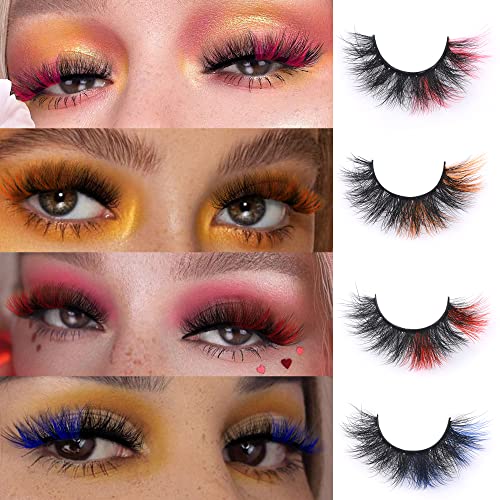 False Eyelashes Fluffy 20Mm Long Colored Lashes Mink Wispy Dramatic Volume Fake Eyelashes With Color Strip 5D Thick Christmas Eye Lashes Pack Pink Red 8 Pairs #TOP1