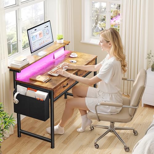 Image of Gaming Desk with LED Lights with 2 Drawers, 31 Inch Desk Home Office Desk Computer Desk with Side Pocket & Ergonomic Monitor Stand, Small Space Study Writing Table with Anti-Tip Design, Rustic Brown