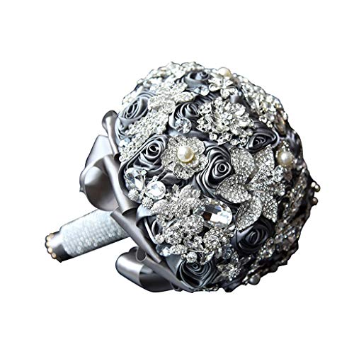 Bouquet de mariage en soie gris anti-flétrissement orné de strass en cristal